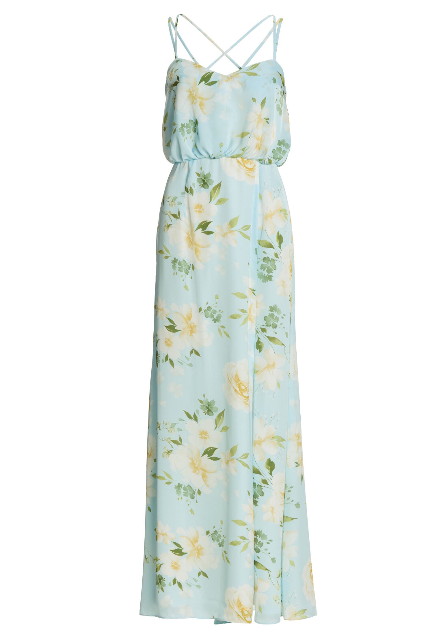 Abendkleid aus floral bedrucktem Satin mit gekreuzten Spaghettiträgern