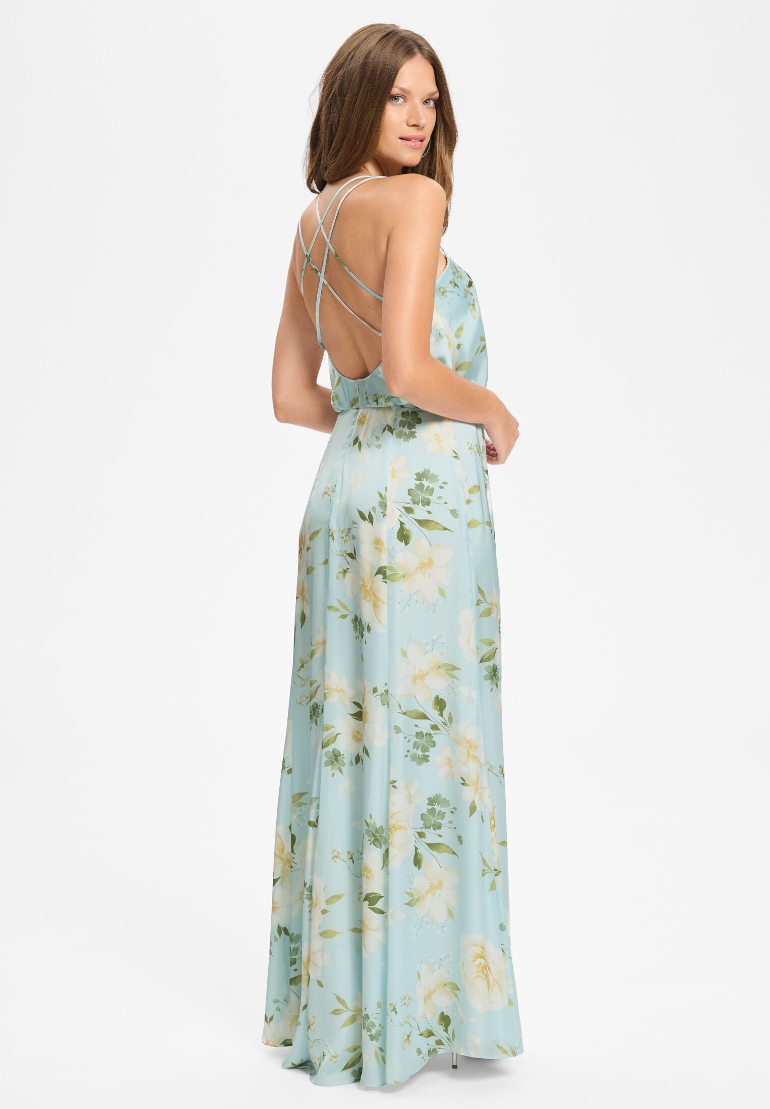 Abendkleid aus floral bedrucktem Satin mit gekreuzten Spaghettiträgern