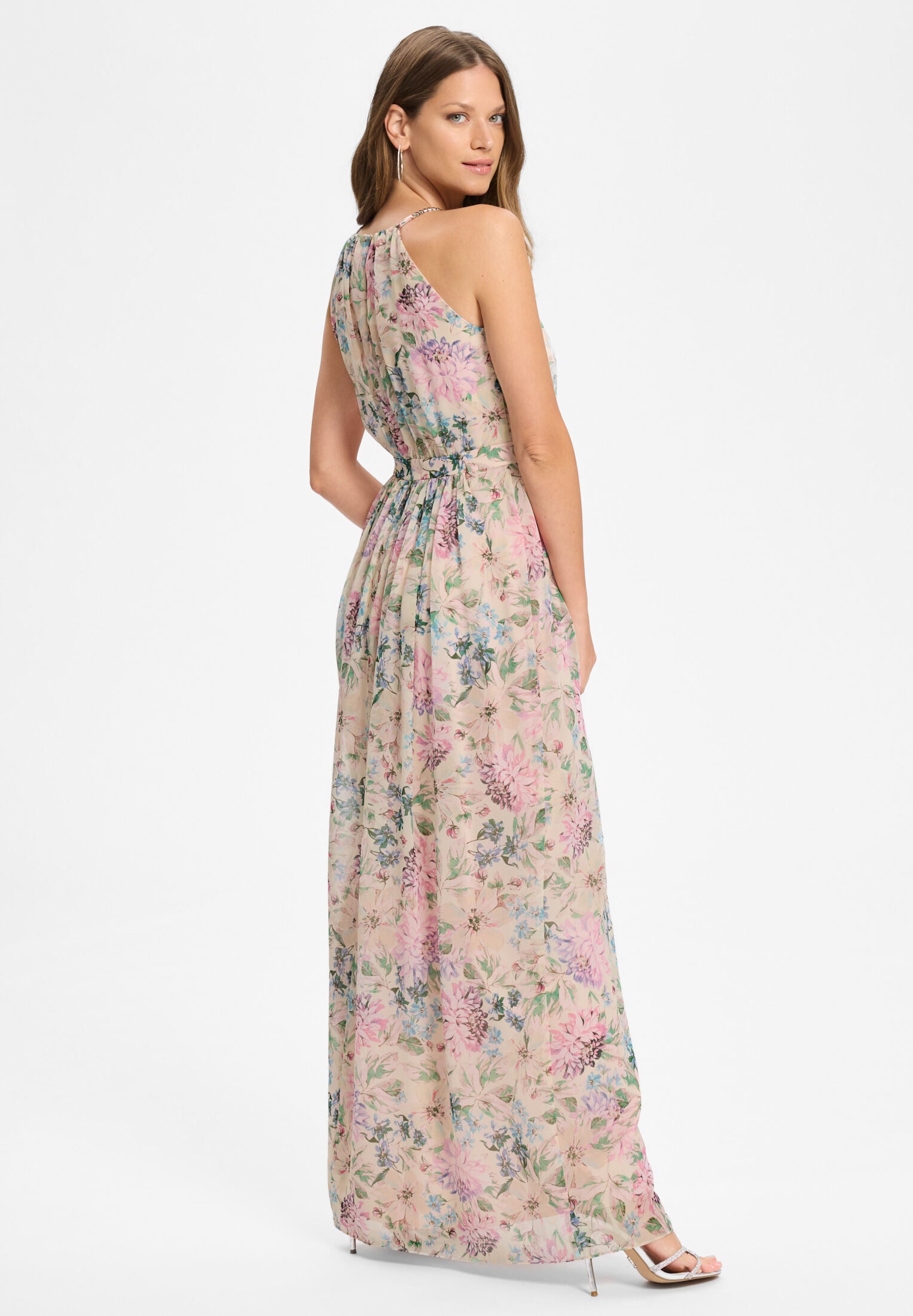 Abendkleid aus floral bedrucktem Chiffon mit Zierträgern