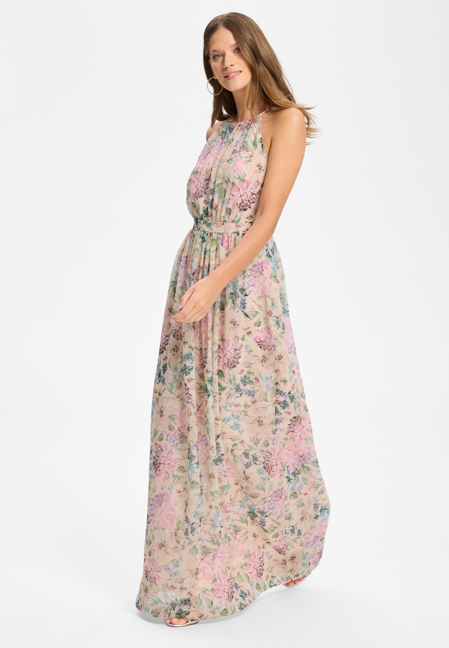 Abendkleid aus floral bedrucktem Chiffon mit Zierträgern