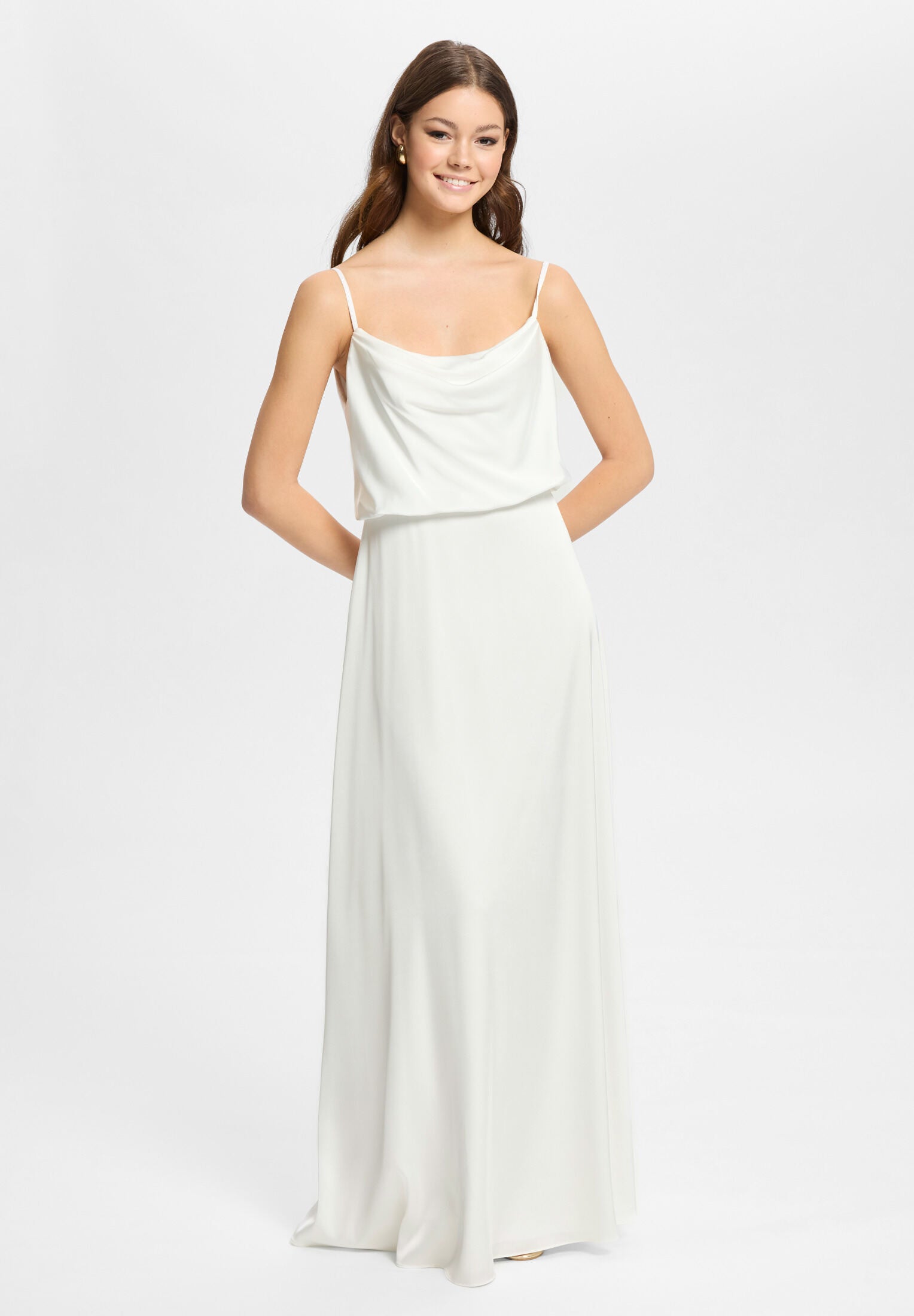 Abendkleid aus Satin mit angedeutetem Wasserfallausschnitt ivory