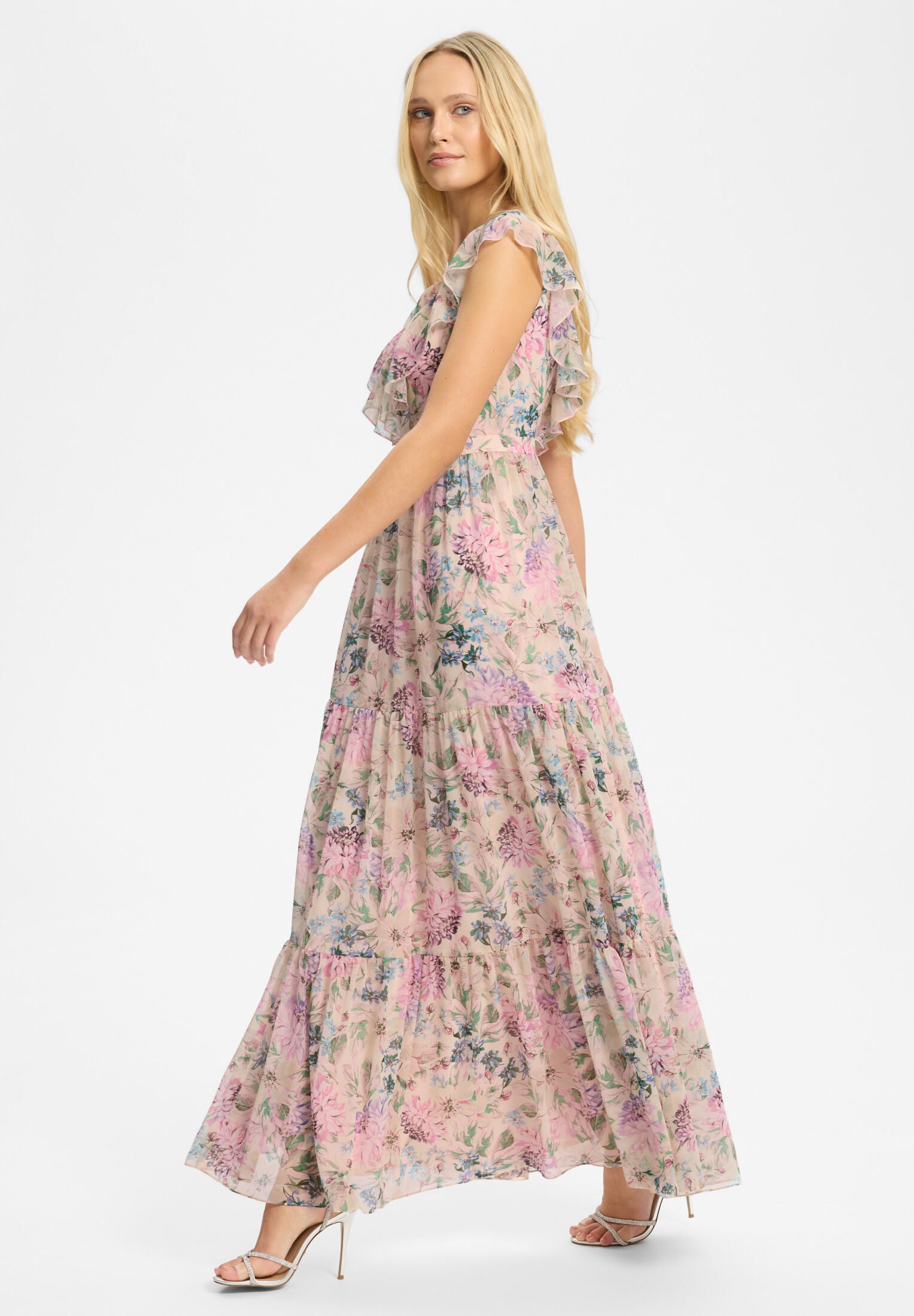 Maxikleid aus floral bedrucktem Chiffon mit Rüschen und Volants
