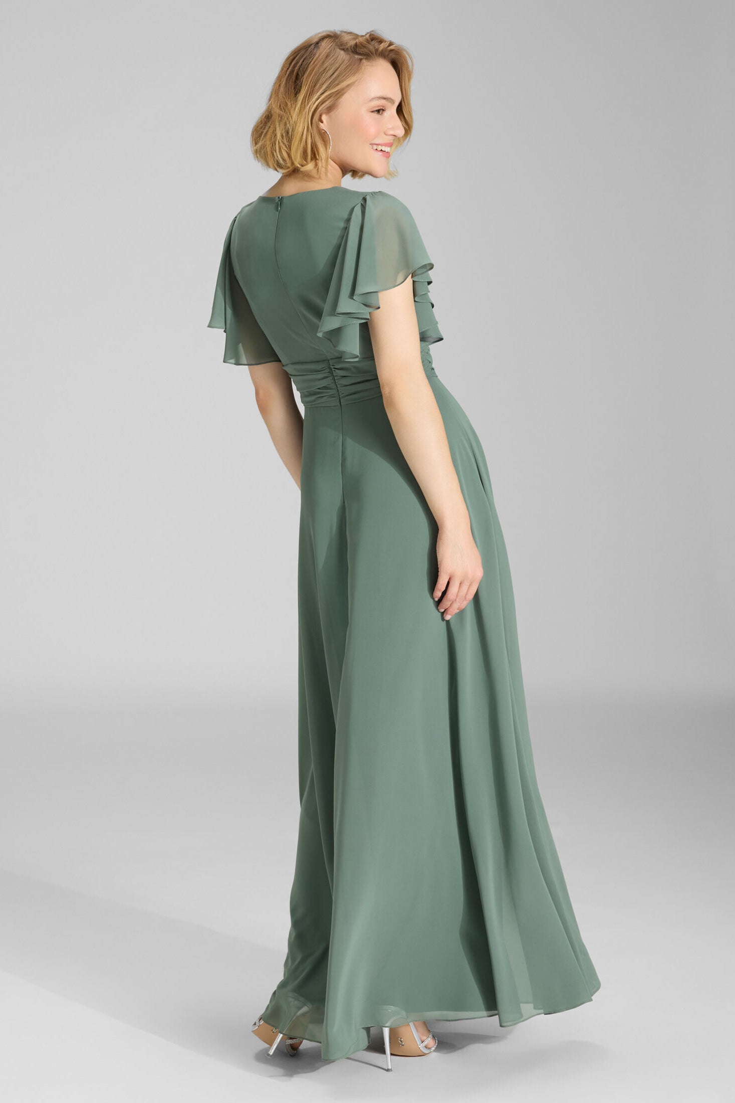 Chiffon Jumpsuit mit Überrock und Volantärmeln