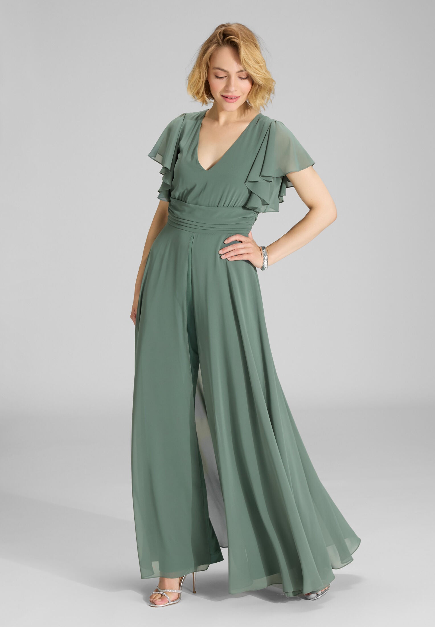 Chiffon Jumpsuit mit Überrock und Volantärmeln deep slate