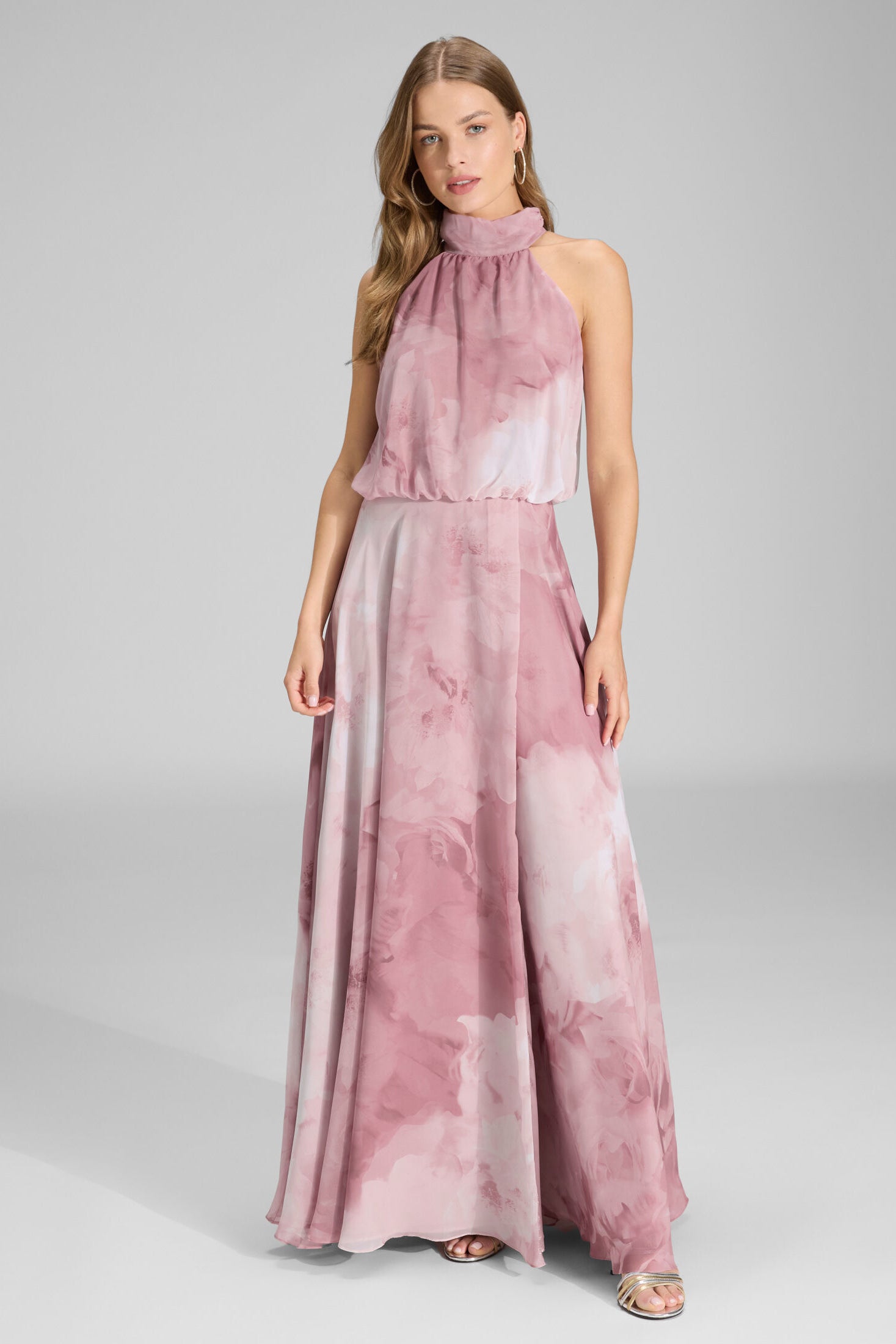 Abendkleid mit blusigem Top aus floral bedrucktem Chiffon vintage pink | multi