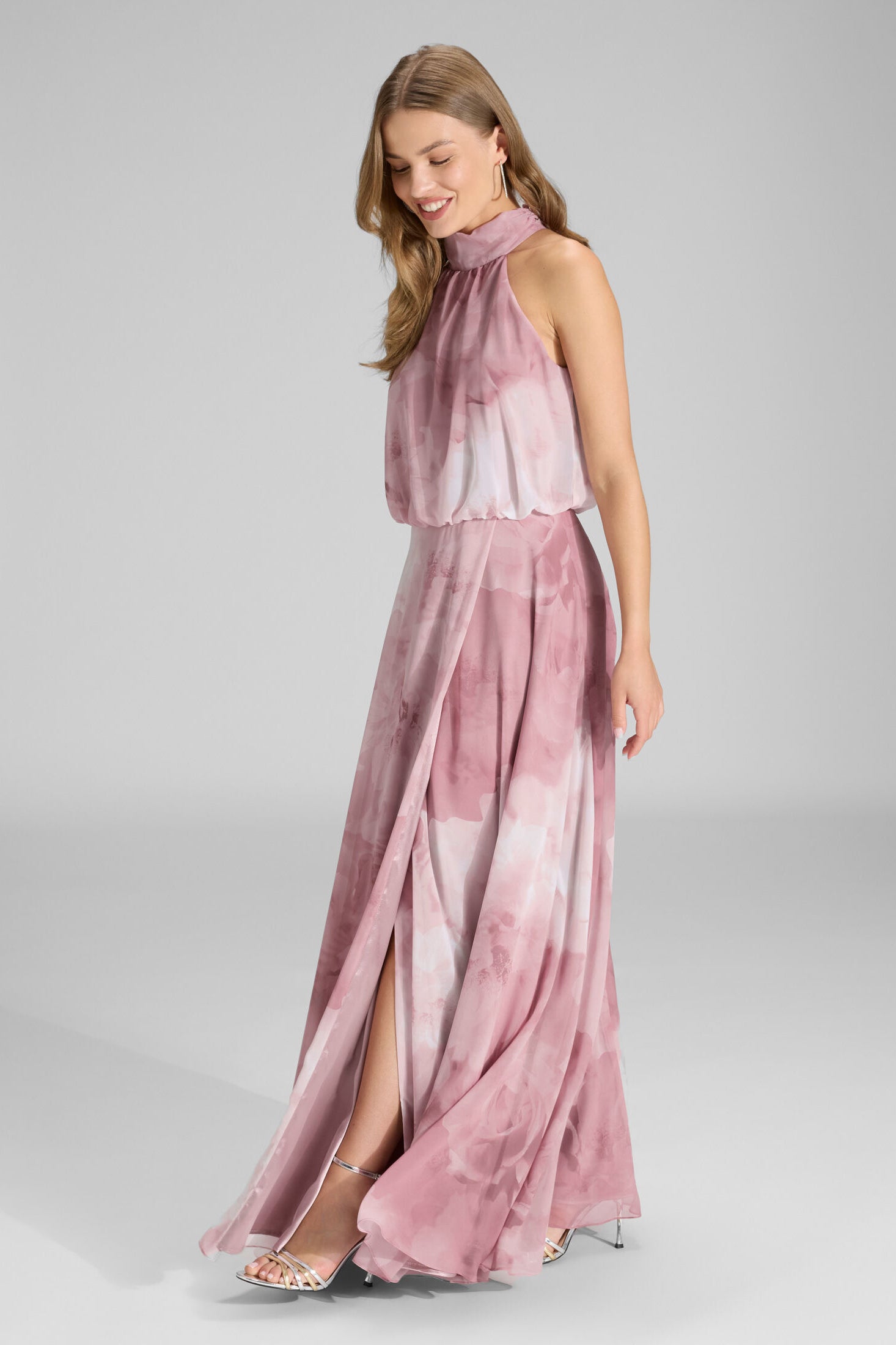 Abendkleid mit blusigem Top aus floral bedrucktem Chiffon