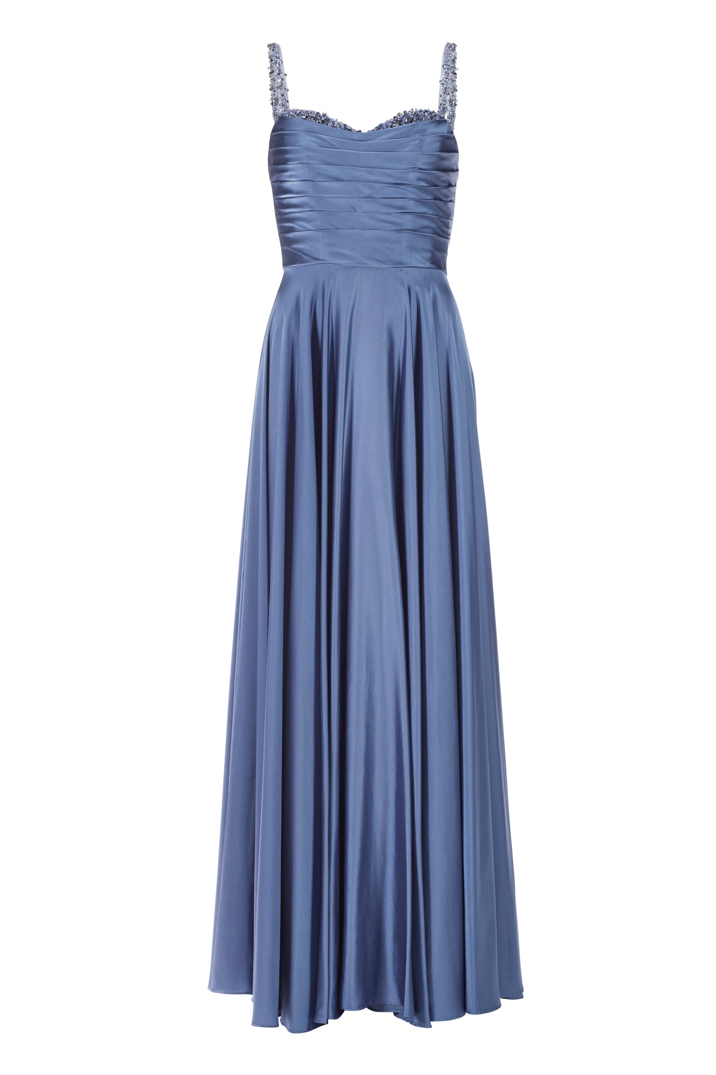 Satinkleid mit drapiertem Top und bestickten Trägern