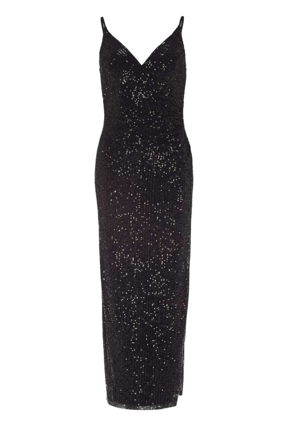 Abendkleid aus elastischer Paillette mit Spagetti Trägern und seitlichem Schlitz