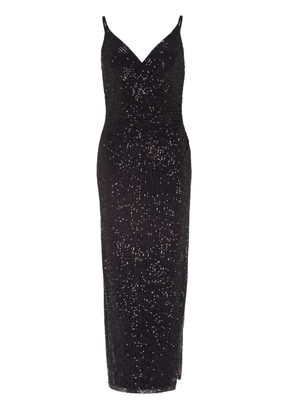 Abendkleid aus elastischer Paillette mit Spagetti Trägern und seitlichem Schlitz