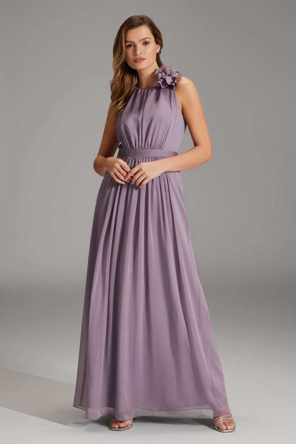 Abendkleid aus Crinkle Chiffon mit dekorativer Blüte mauve purple