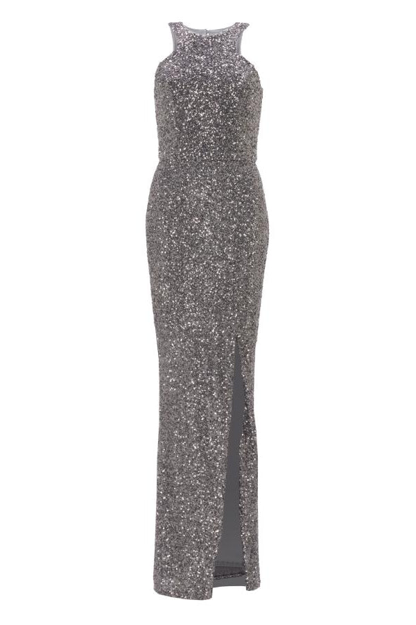 Abendkleid aus elastischer Paillette mit Racer- Back Ausschnitt und Beinschlitz