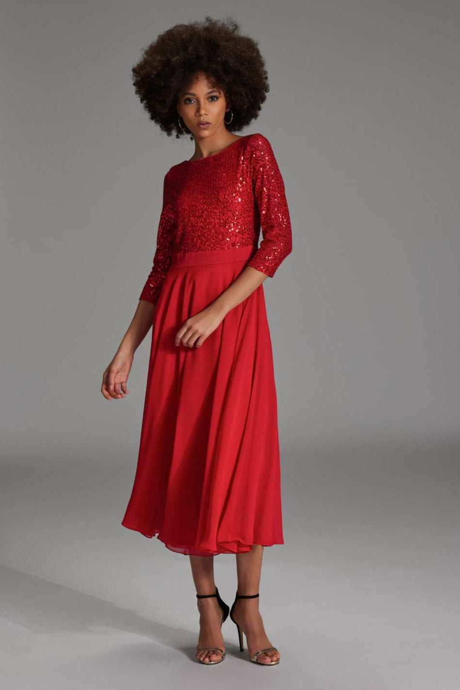 Midi Kleid mit Top aus elastischer Paillette und Chiffonrock chili red