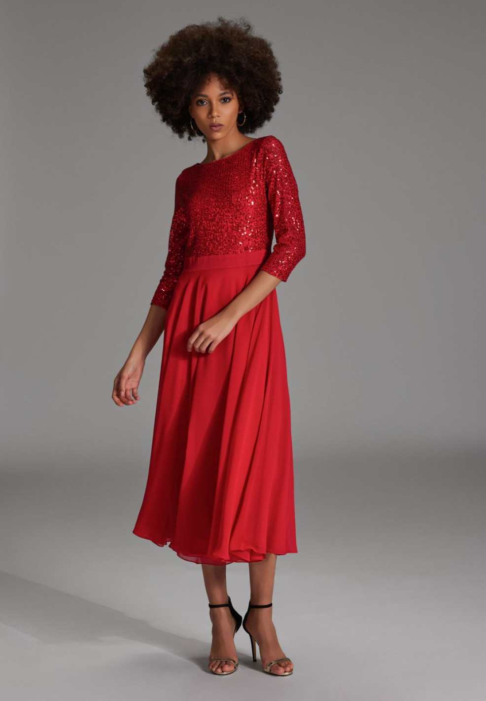 Midi Kleid mit Top aus elastischer Paillette und Chiffonrock chili red
