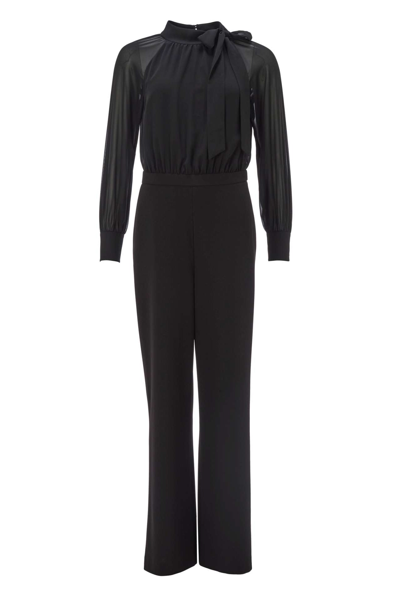 Langärmeliger Jumpsuit mit Schluppe aus Crepe Jersey und Chiffon Mix