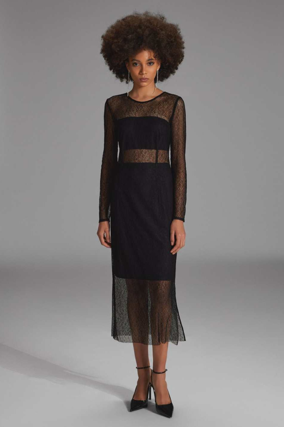 Midi Kleid aus feiner Spitze mit Transparenz black
