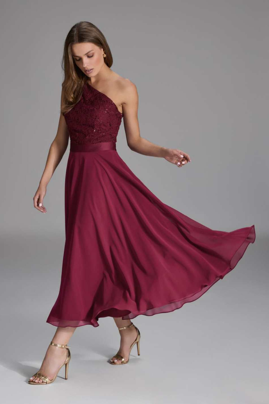 One Shoulder Midi Kleid aus Material Mix ruby red