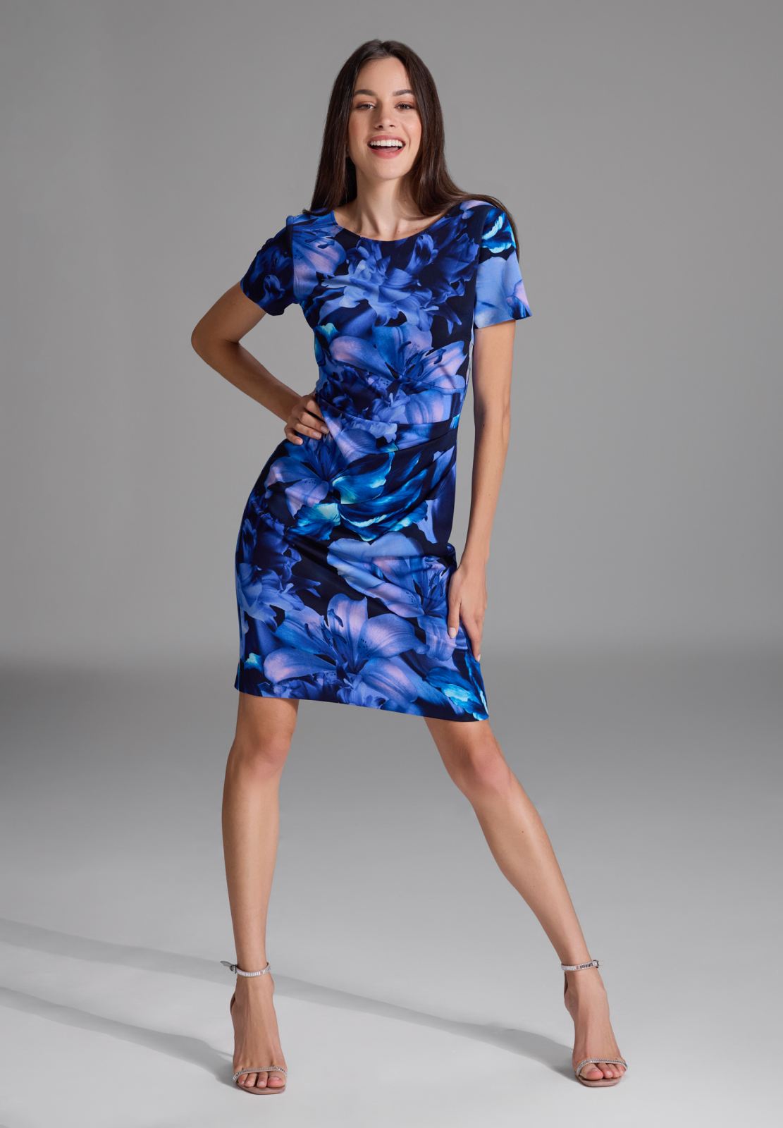 Etuikleid aus bedrucktem Scuba mit seitlicher Drapierung navy multi