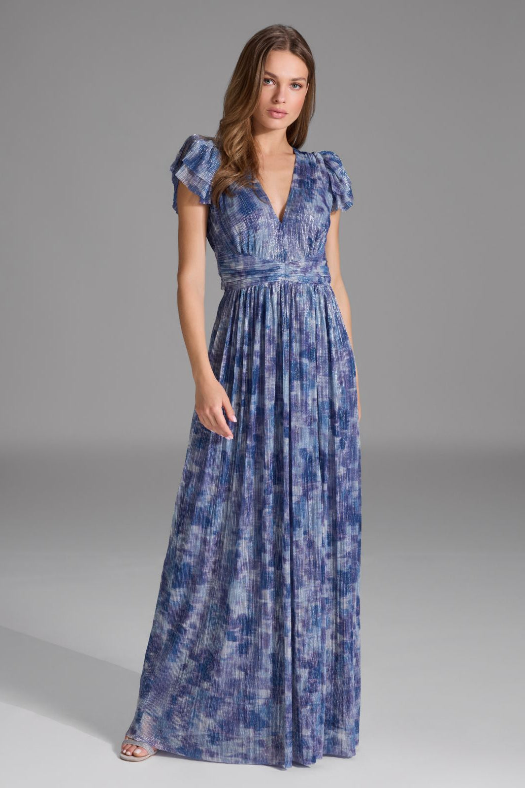 Abendkleid aus bedrucktem Jersey Plissee mit Metallic Faden