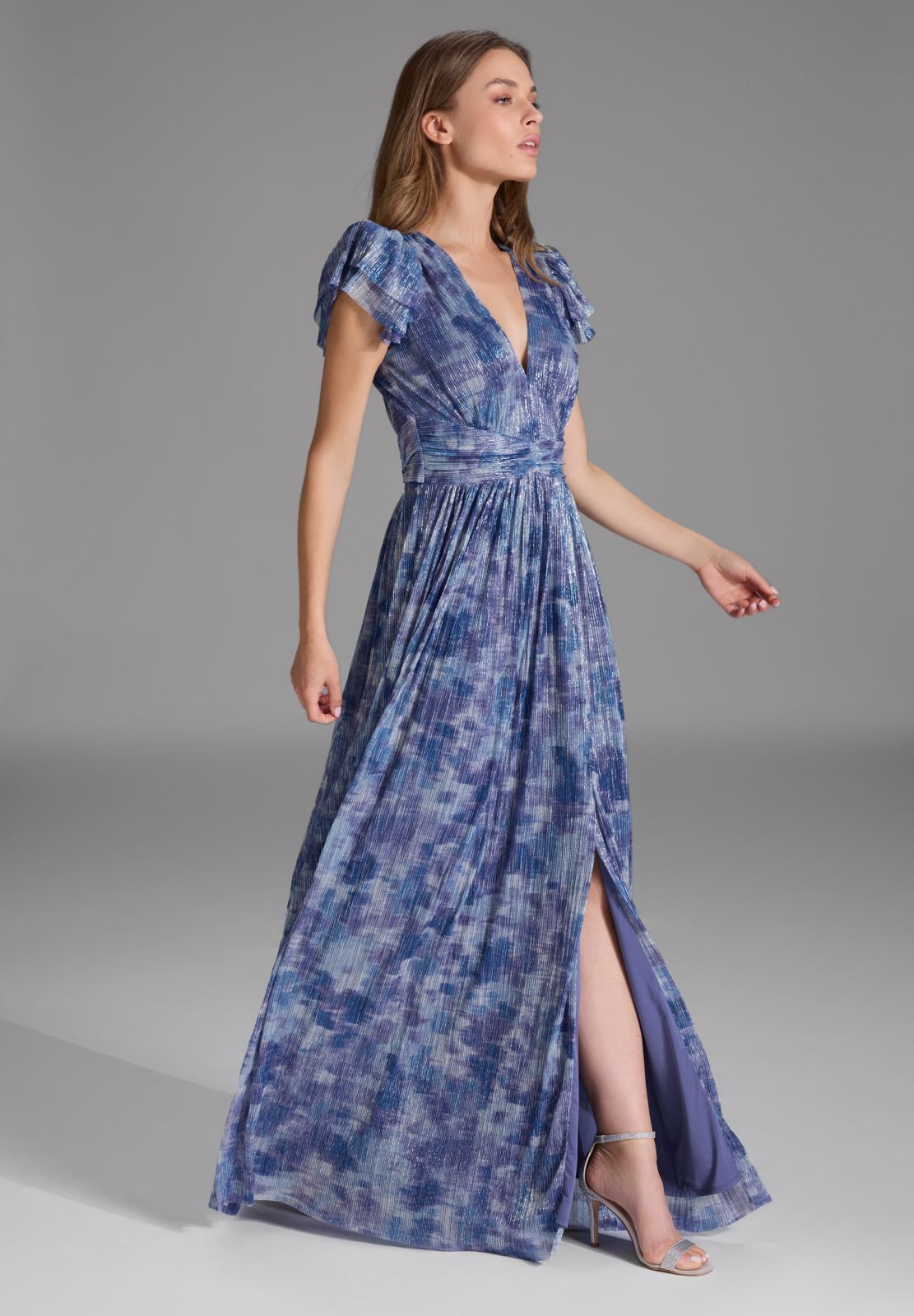 Abendkleid aus bedrucktem Jersey Plissee mit Metallic Faden