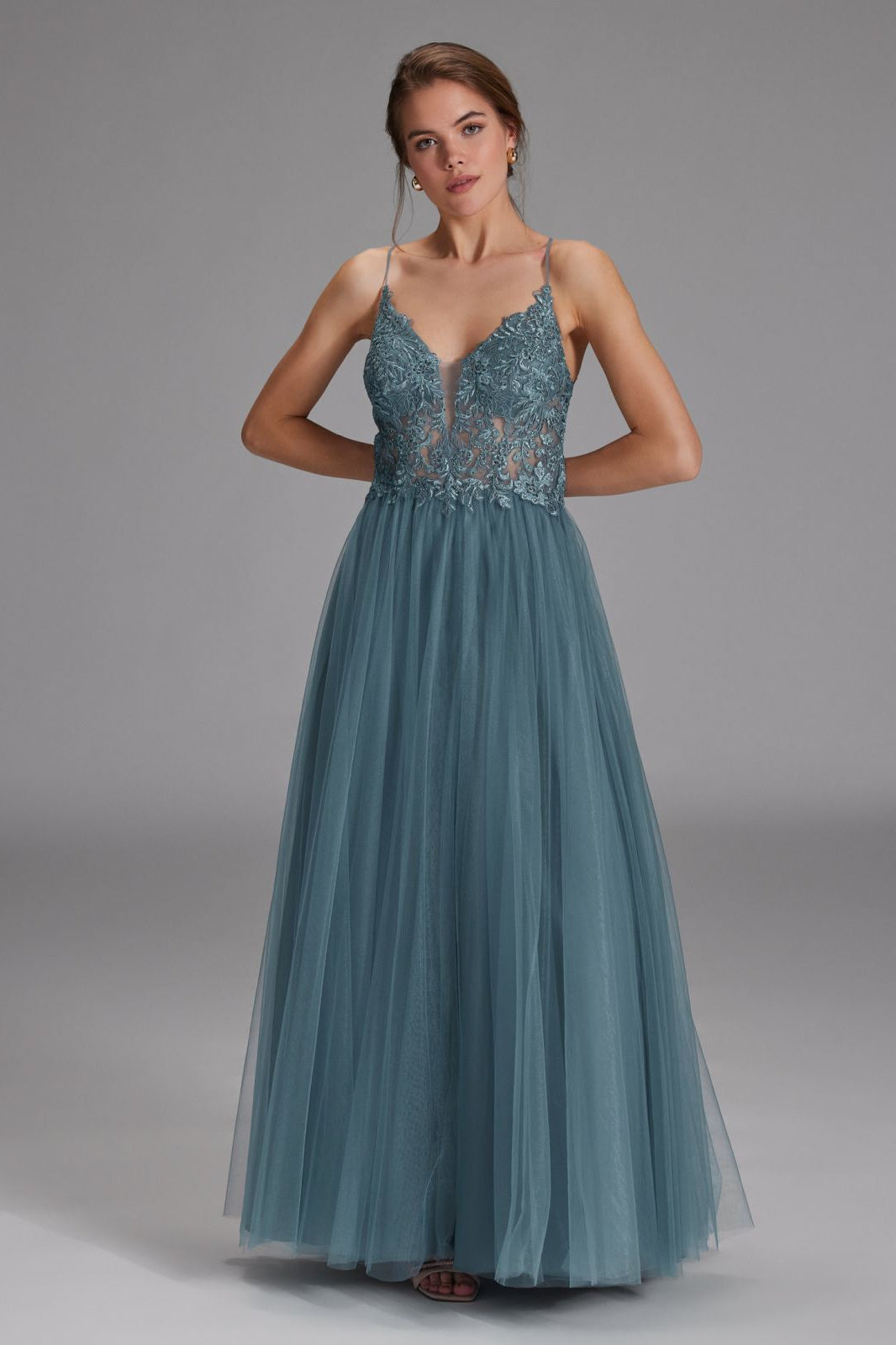 Tüll-Abendkleid mit Spitzenstickerei sea blue