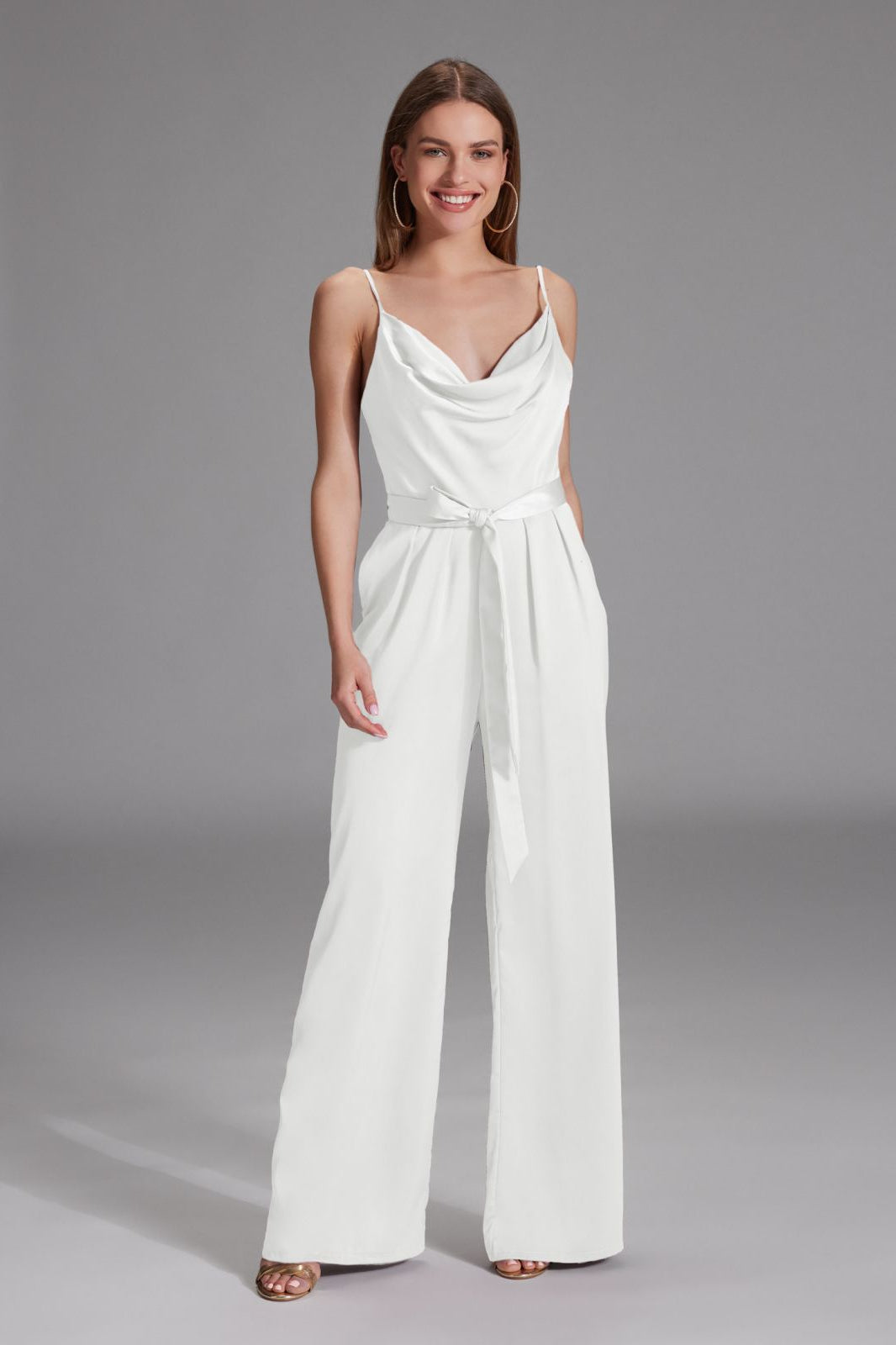 Satin Jumpsuit mit Bindegürtel ivory