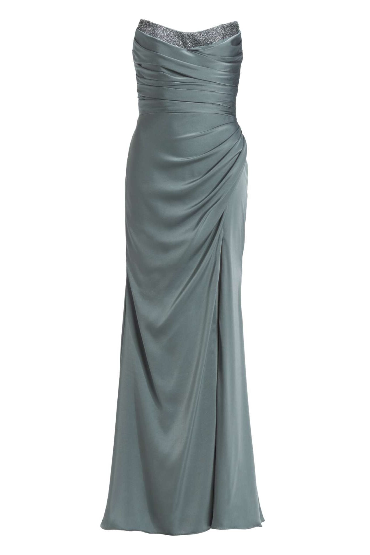 Satinkleid mit Corsagentop und Beinschlitz