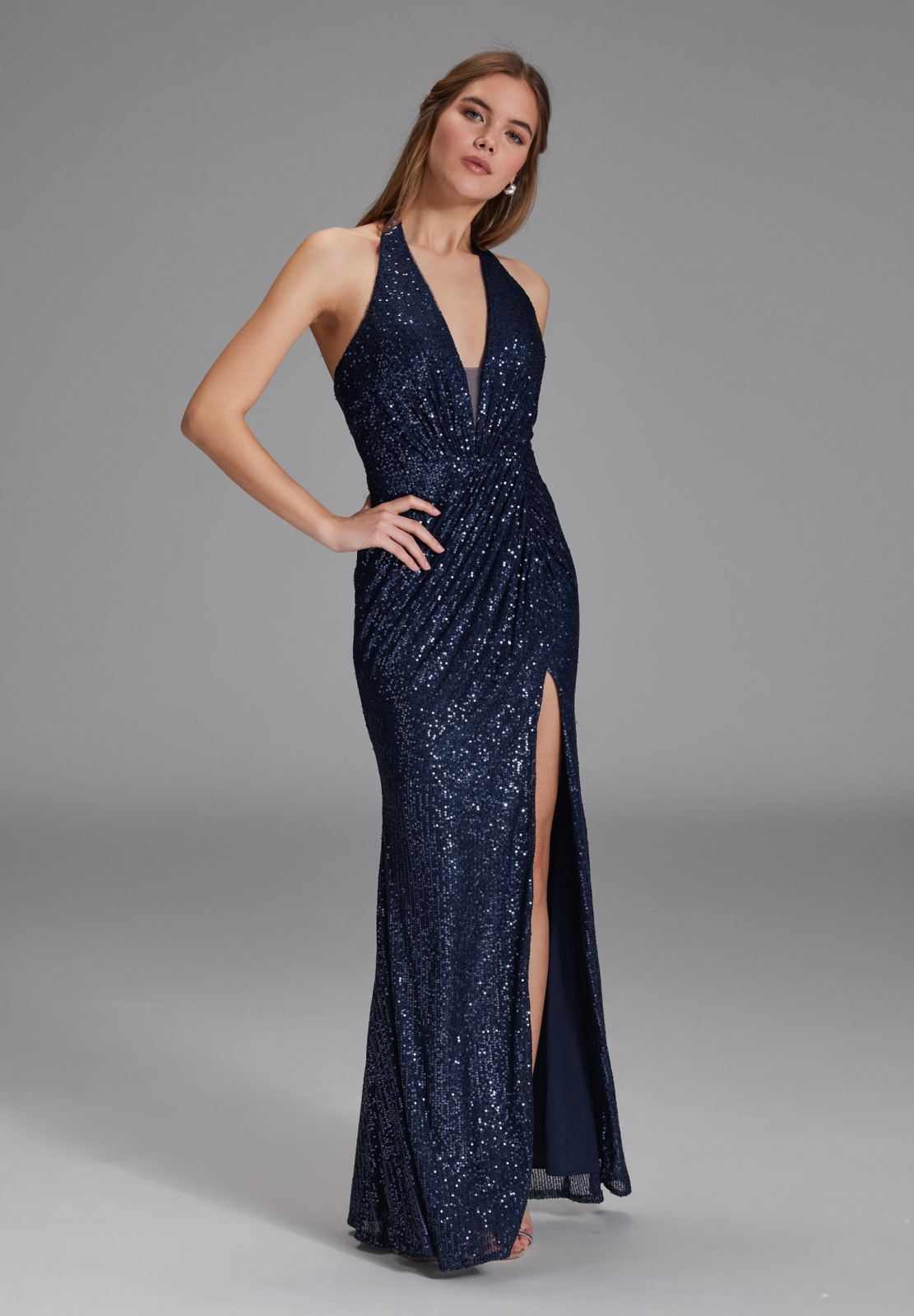 Neckholder Paillettenkleid mit Beinschlitz