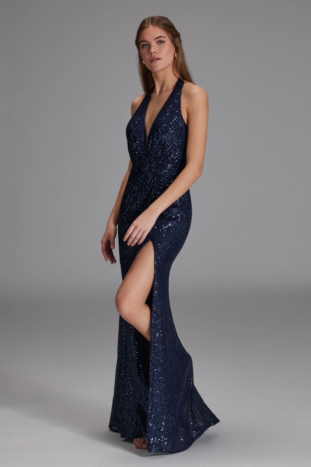 Neckholder Paillettenkleid mit Beinschlitz