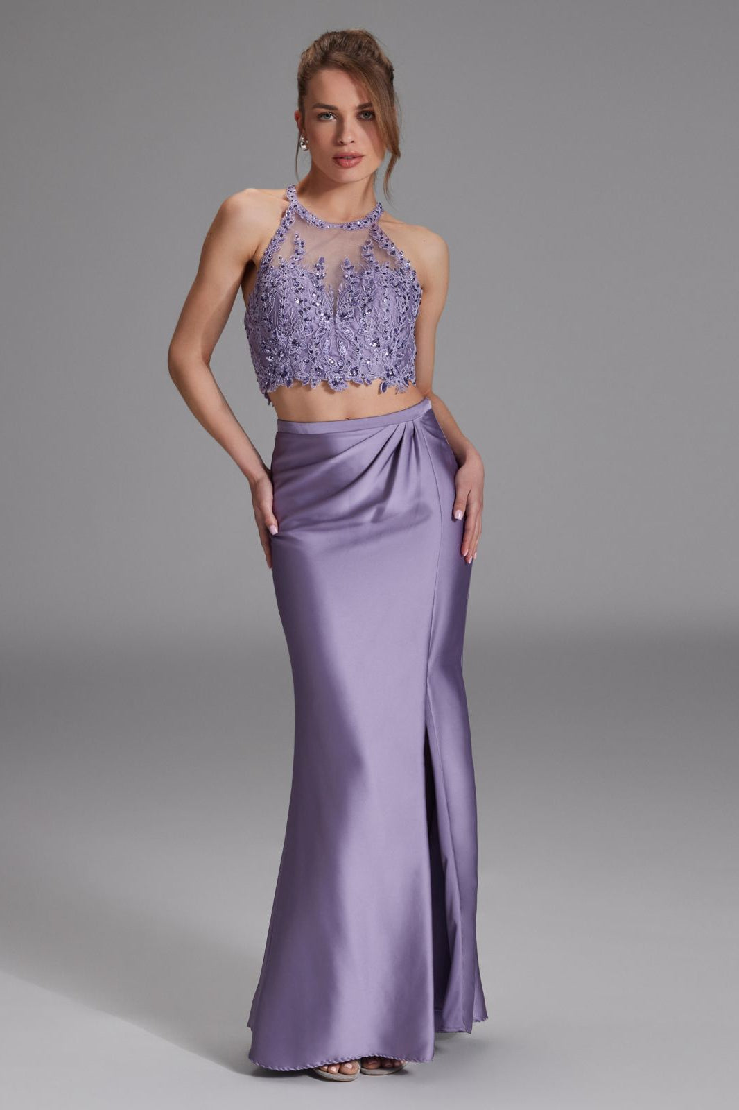 Two-piece Kleid mit langen Satinrock misty violet