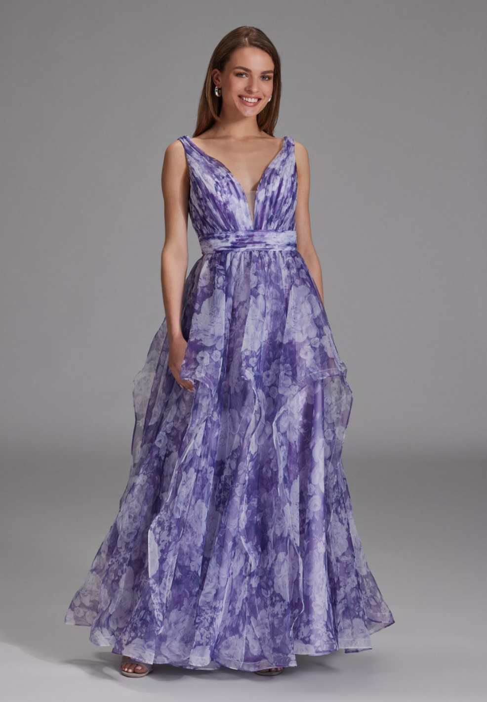 Organza Printkleid mit Volants lilac white