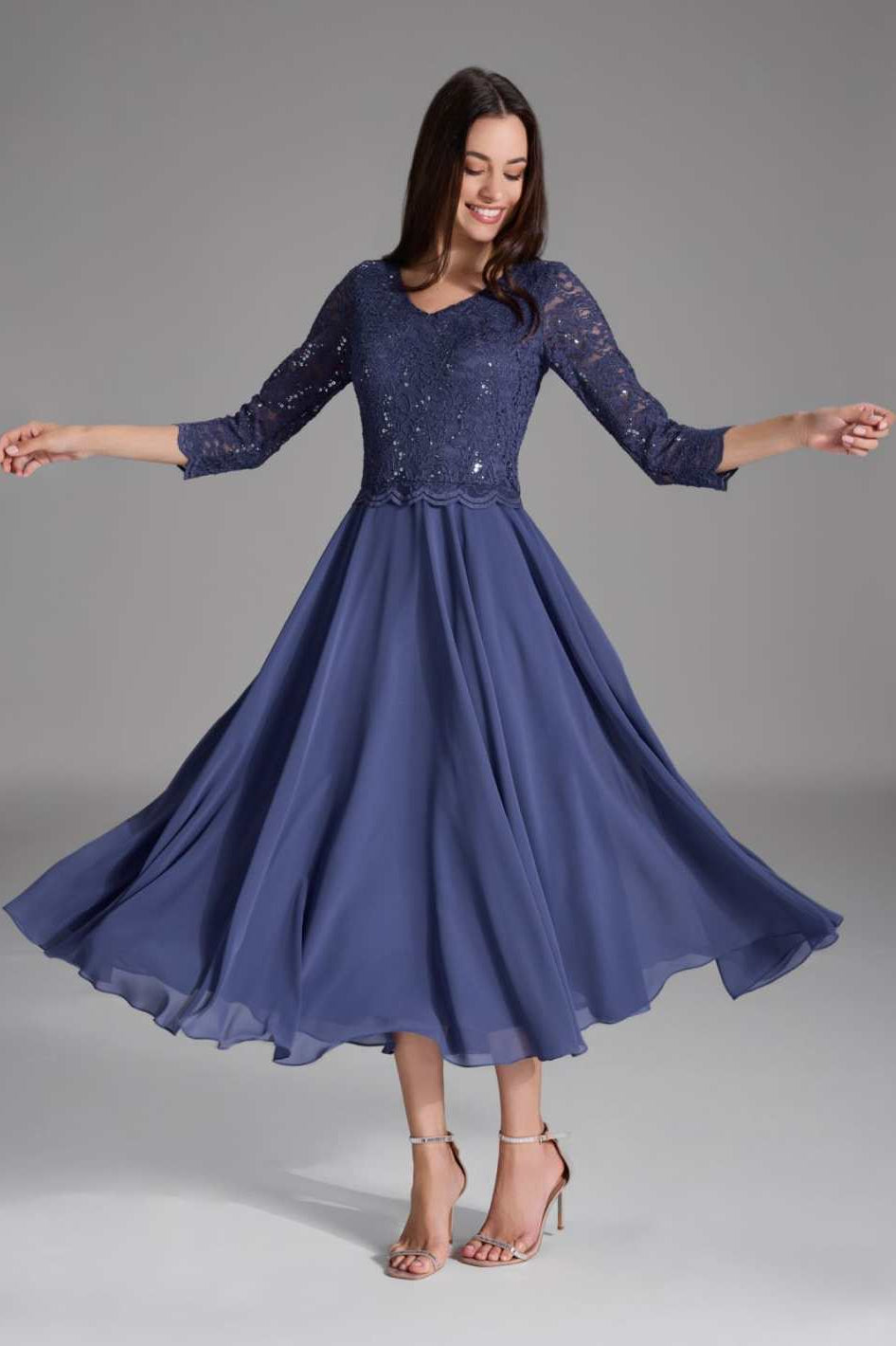 Midi Kleid mit paillettenbesetztem Spitzenoberteil future blue