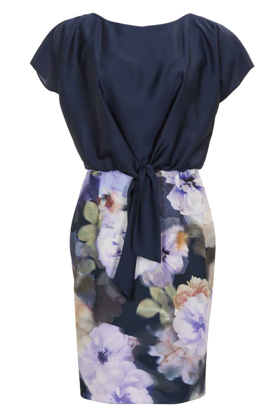 Etuikleid aus floral bedrucktem Scuba und Satin