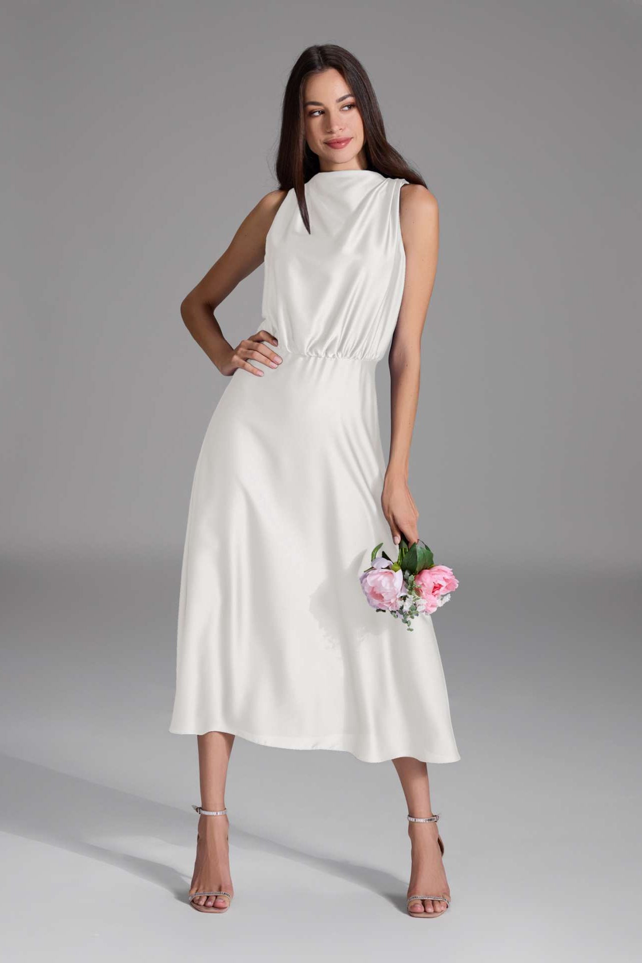 Midi Kleid aus nachhaltigem Satin mit Drapierung am Kragen ivory
