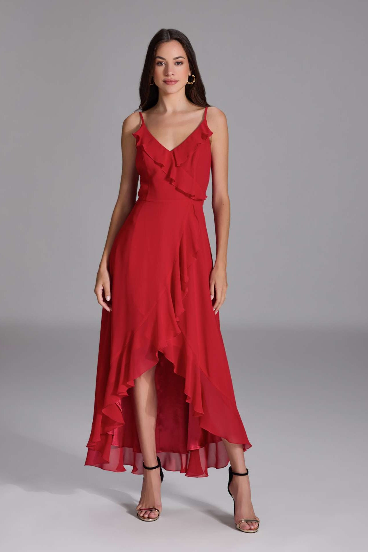 Abendkleid aus Chiffon Vokuhila Saum und Volants chili red