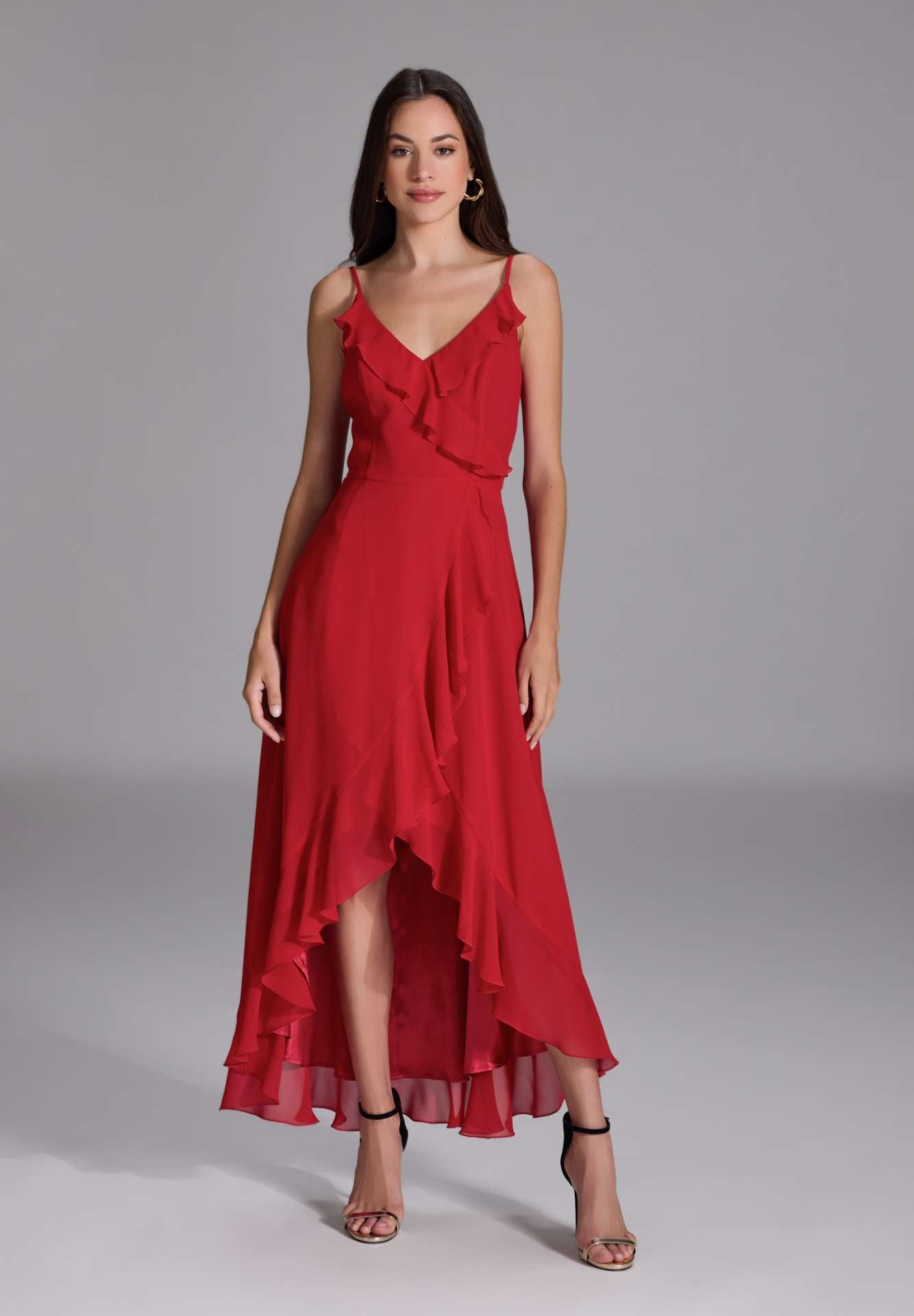 Abendkleid aus Chiffon Vokuhila Saum und Volants chili red