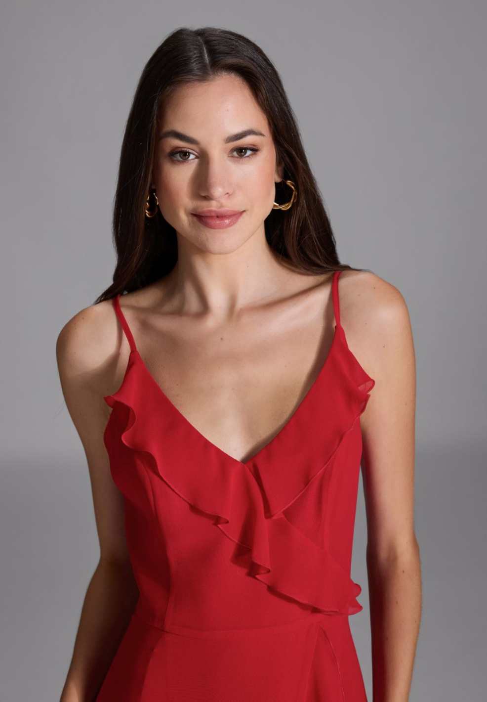 Abendkleid aus Chiffon Vokuhila Saum und Volants