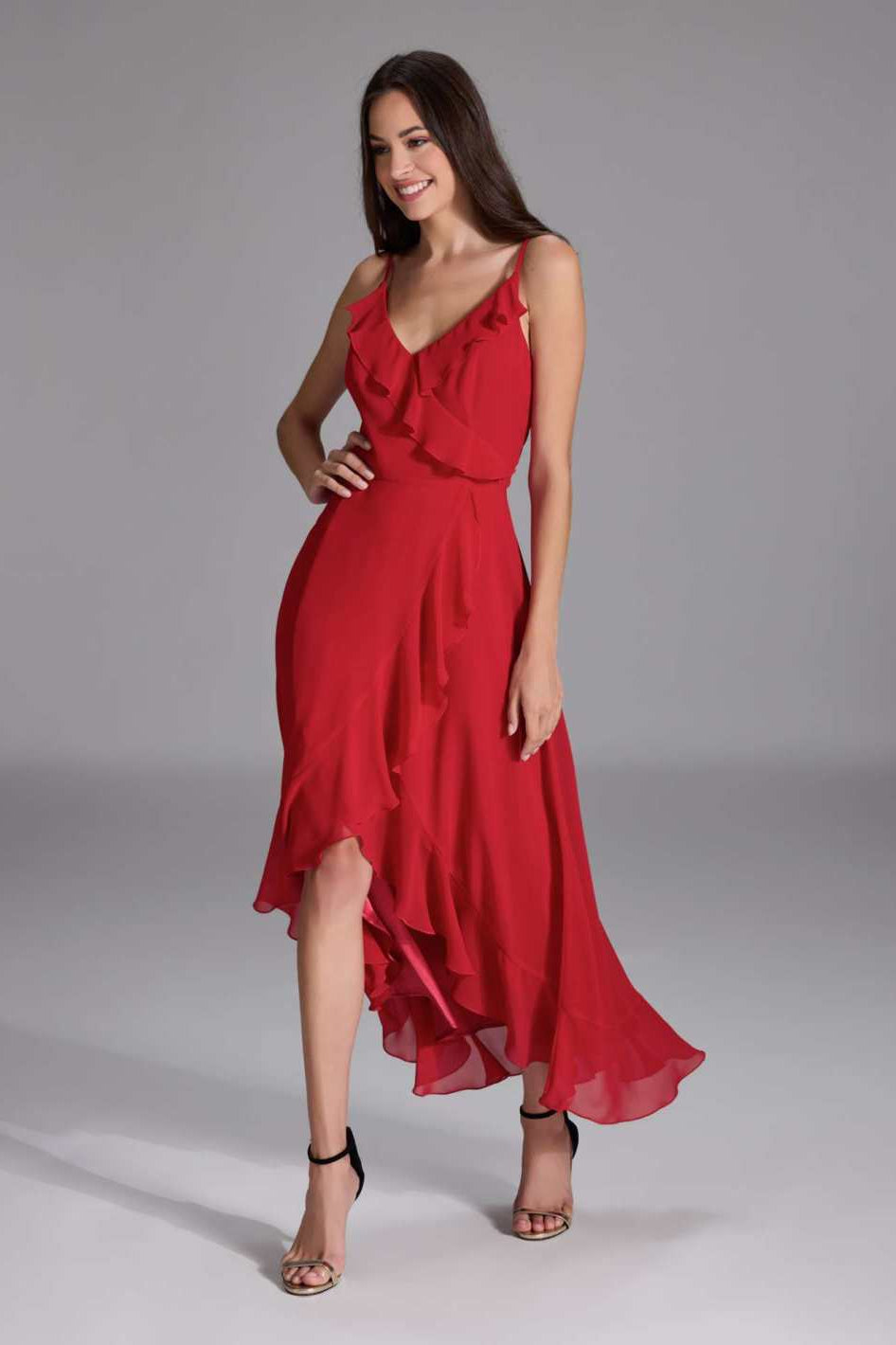 Abendkleid aus Chiffon Vokuhila Saum und Volants