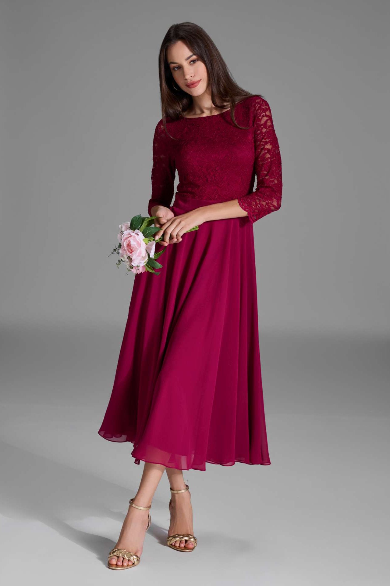 Midikleid mit fließendem Chiffon-Rock ruby red