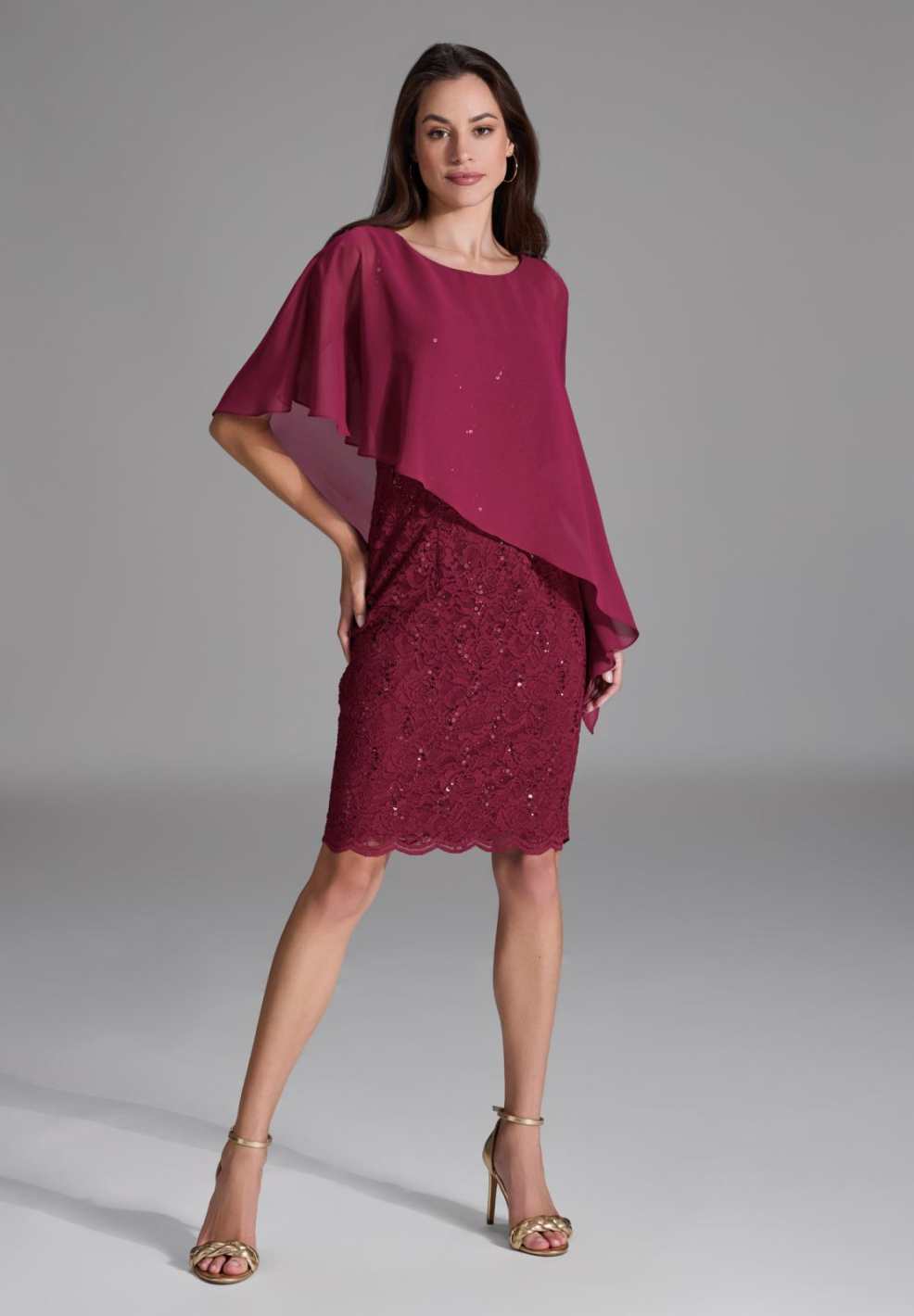 Pailletten-Kleid mit asymmetrischem Chiffon-Überwurf ruby red