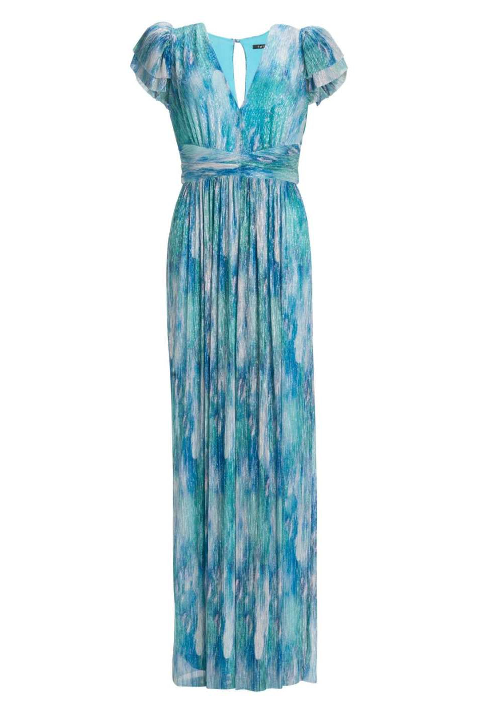 Abendkleid aus bedrucktem Plissee Jersey mit betonter Schulter