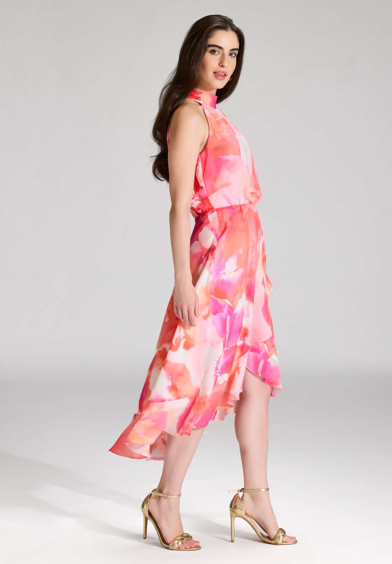 Cocktail Kleid aus bedrucktem Chiffon mit Volant am Saum