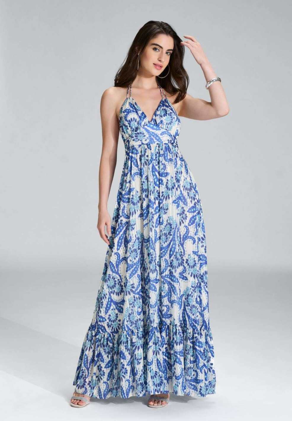 Neckholder Maxi Kleid aus bedrucktem Chiffon mit Glitzerstreifen