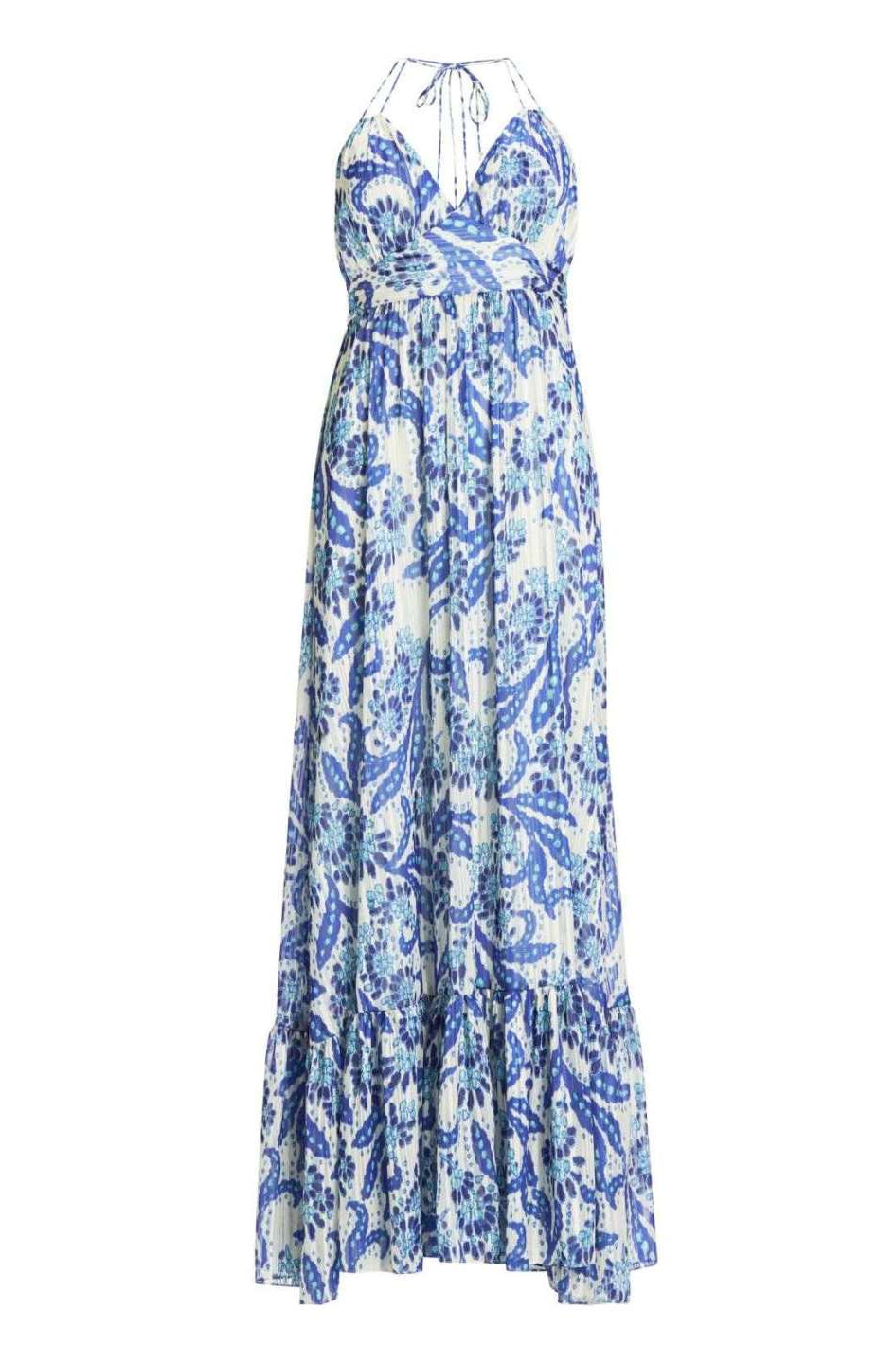 Neckholder Maxi Kleid aus bedrucktem Chiffon mit Glitzerstreifen