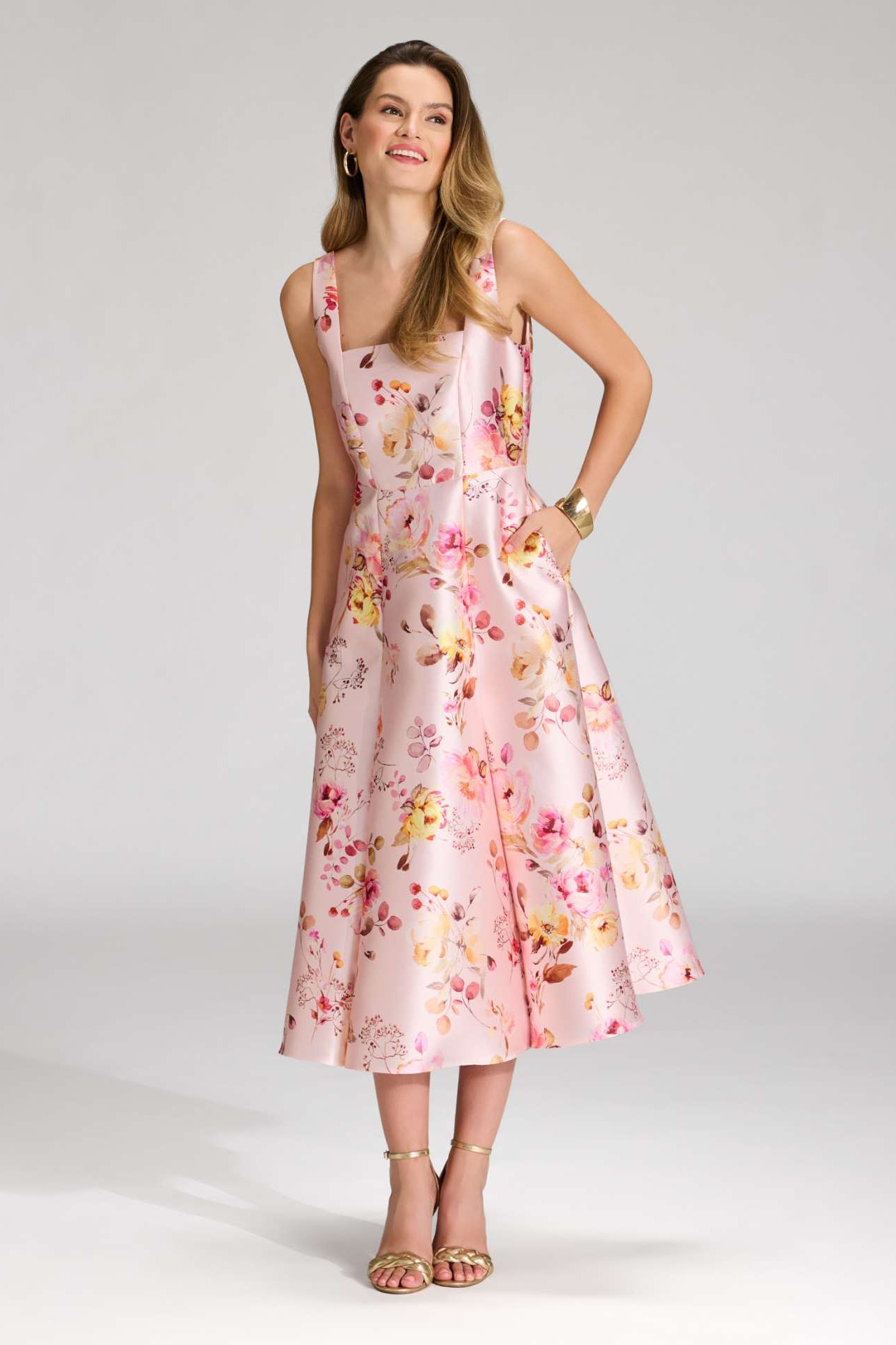 Cocktailkleid mit Karree-Ausschnitt aus floral bedrucktem Twill