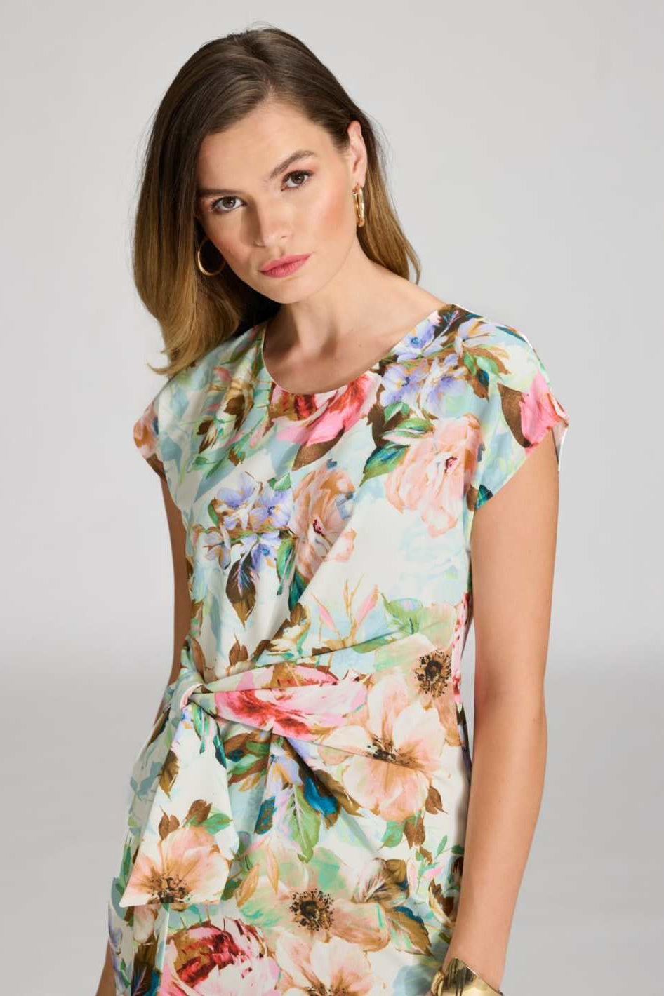 Etuikleid mit Knotendetail aus leichtem Scuba mit Blumendruck