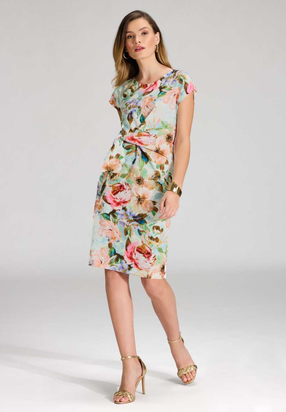 Etuikleid mit Knotendetail aus leichtem Scuba mit Blumendruck