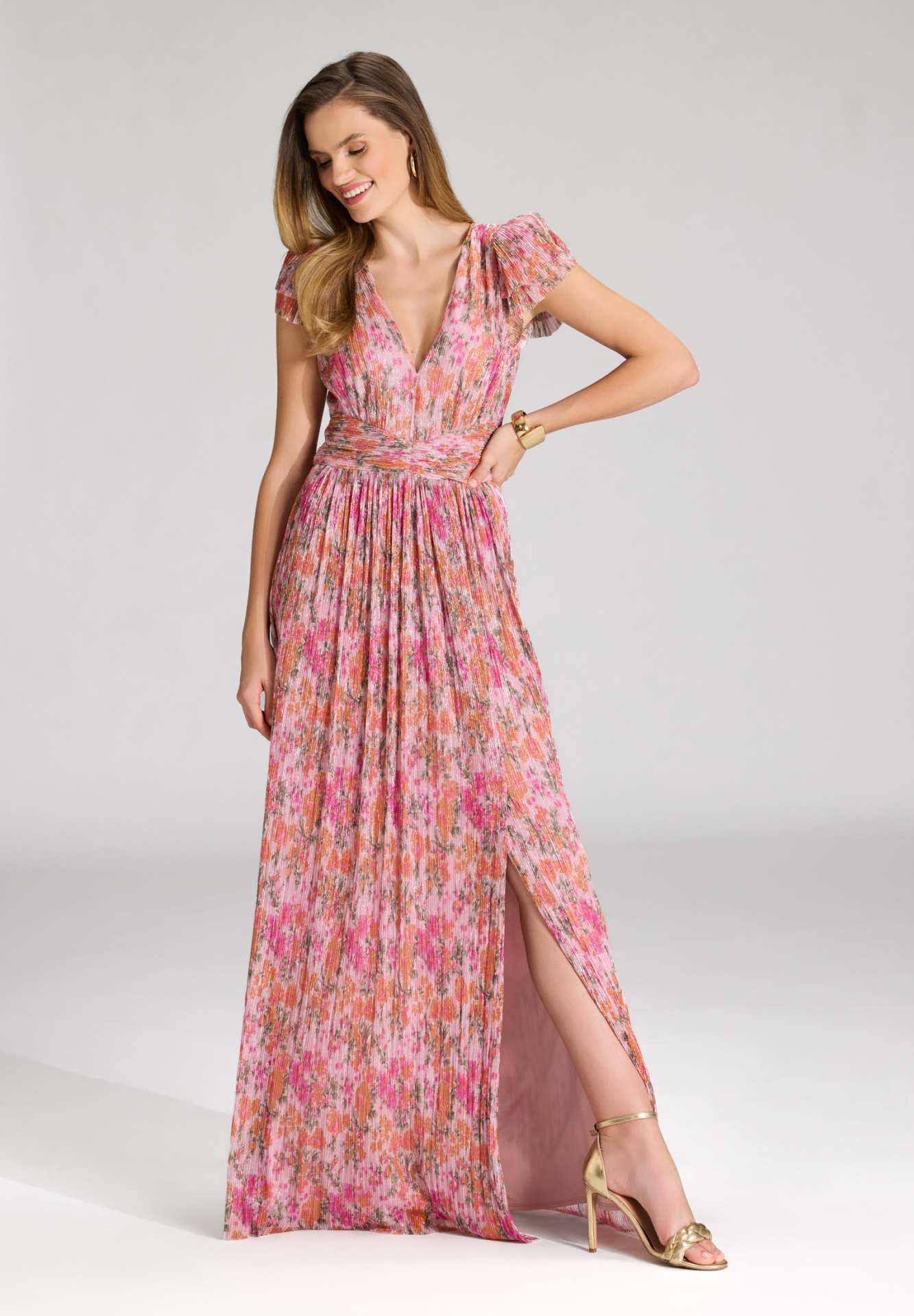 Abendkleid aus bedrucktem Plissee Jersey mit betonter Schulter raspberry pink multi