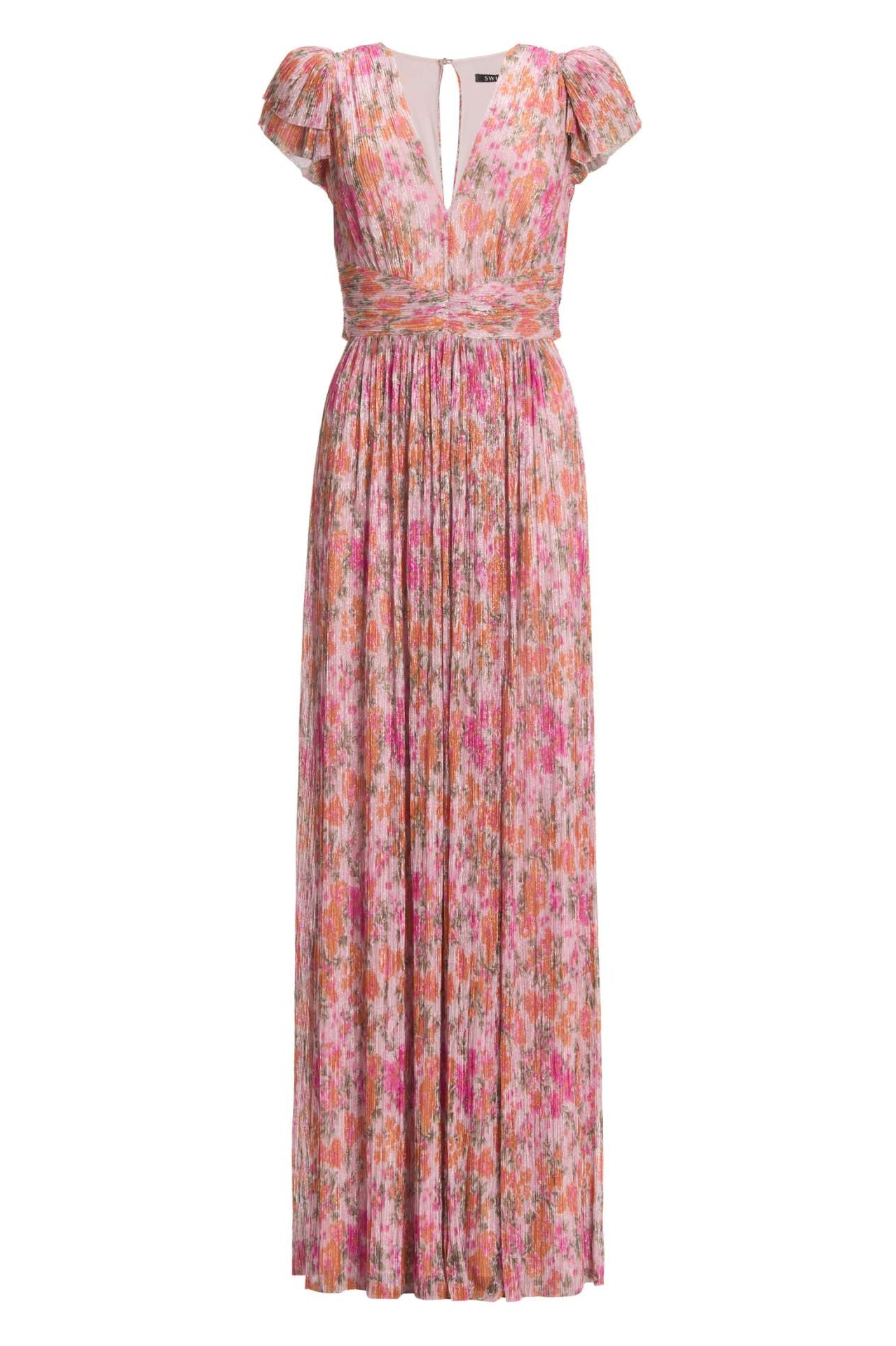 Abendkleid aus bedrucktem Plissee Jersey mit betonter Schulter