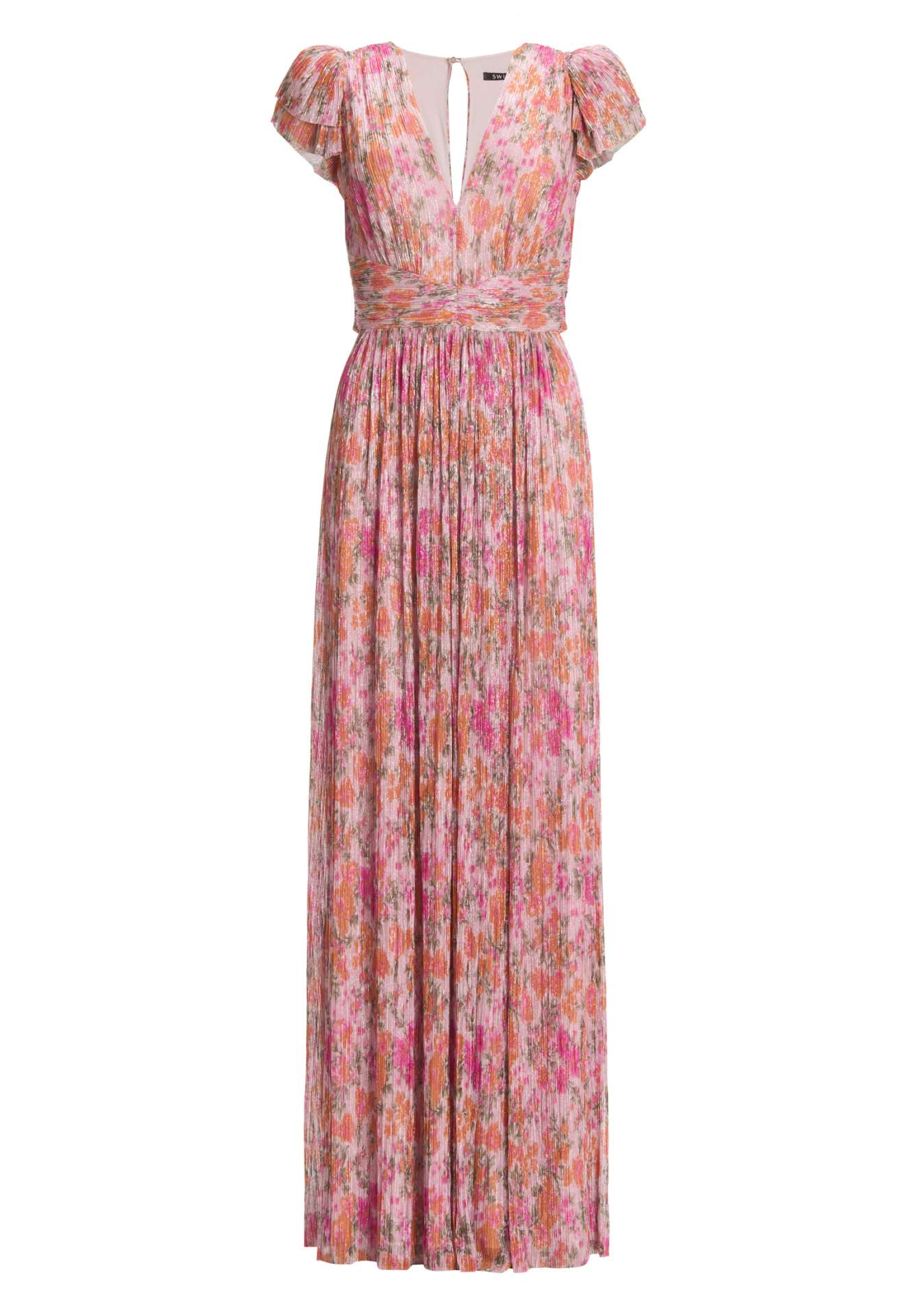 Abendkleid aus bedrucktem Plissee Jersey mit betonter Schulter