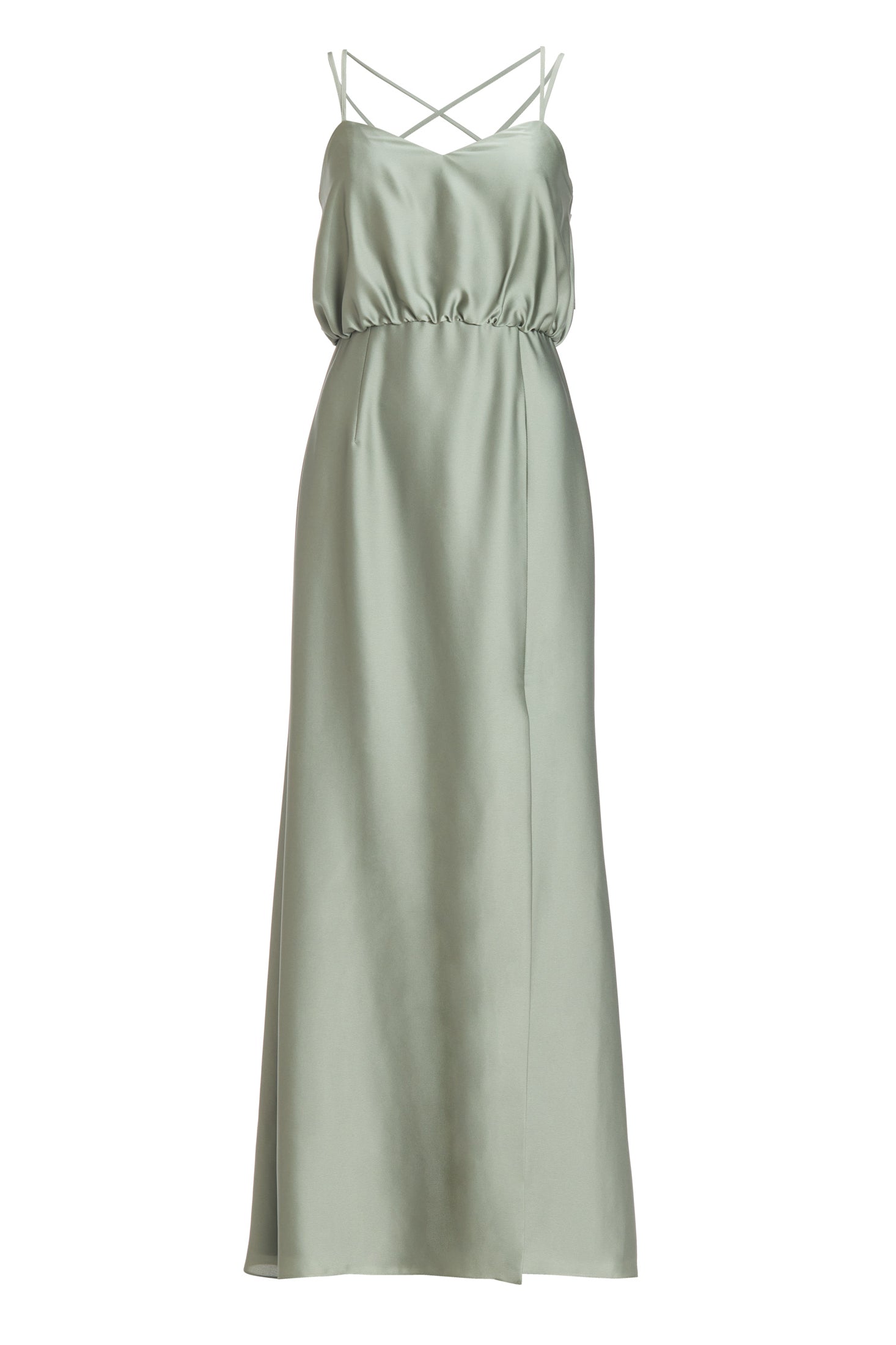 Abendkleid aus nachhaltigem Satin mit gekreuzten Spagettiträgern